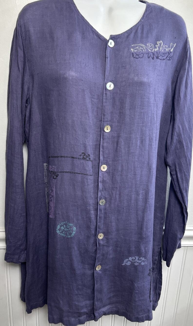 Vintage Chico's Design Linen Lagenlook Tunic Top 1 / M Button Artsy Purple L/S